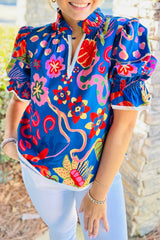 Abstract Print Frilled Collar Ruffled Puff Short Sleeve Top