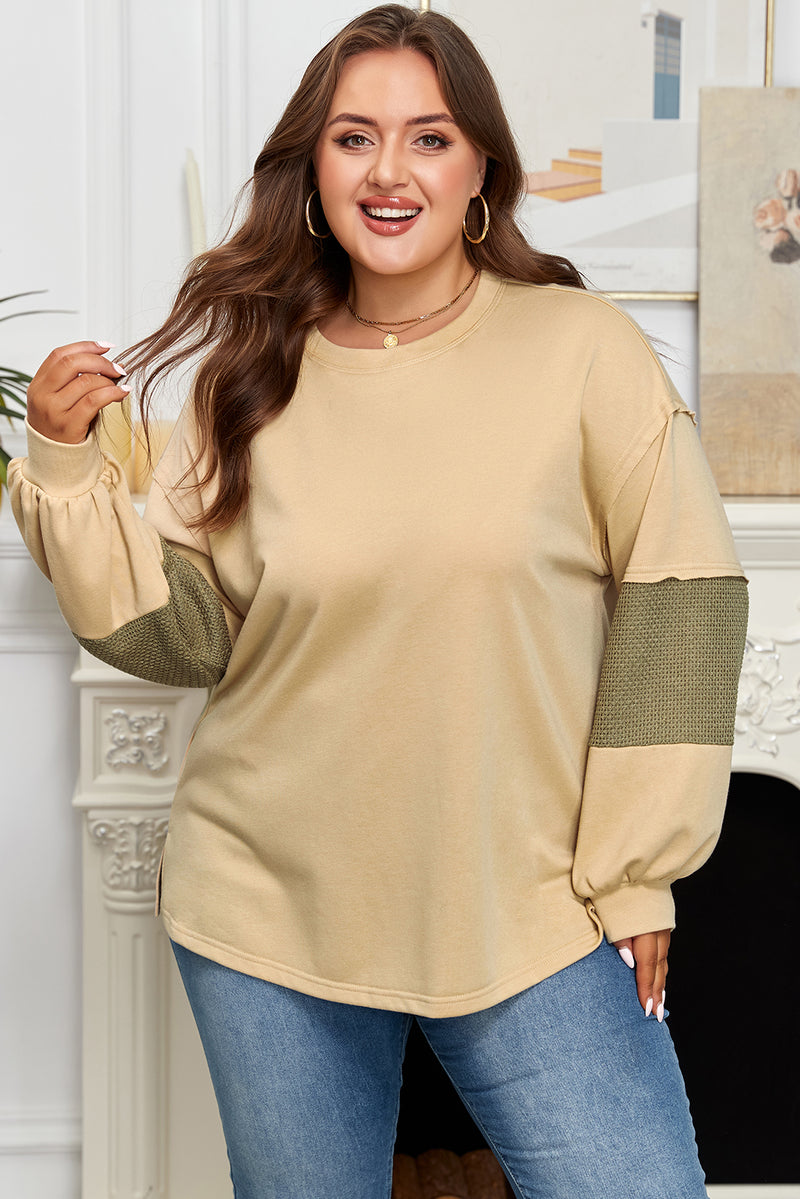 Exposed Seam Contrast Texture Patchwork Plus Size Drop Shoulder Pullover