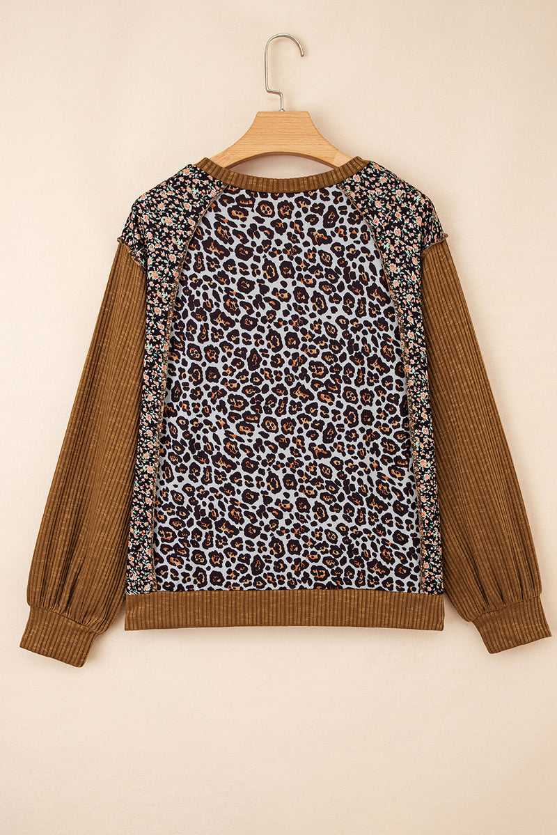 Leopard Print Ribbed Puff Sleeve Patchwork Loose Pullover