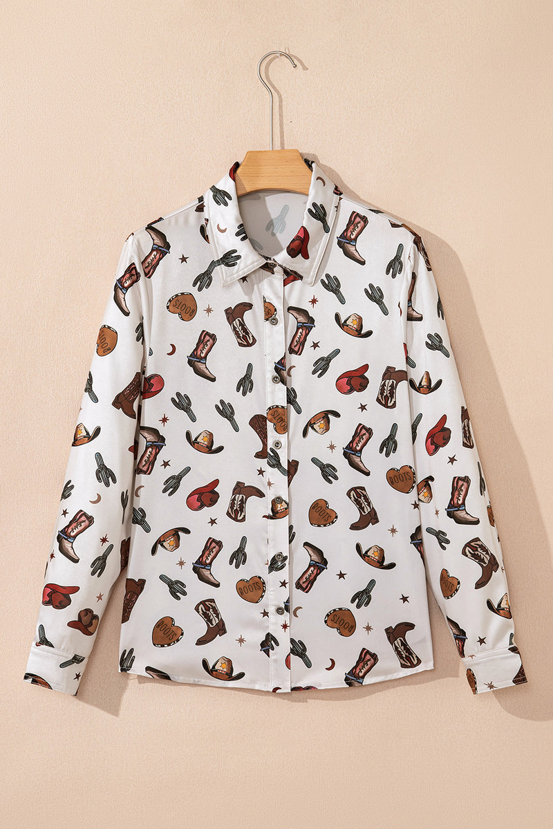 Western Fashion Print Button Up Casual Shirt