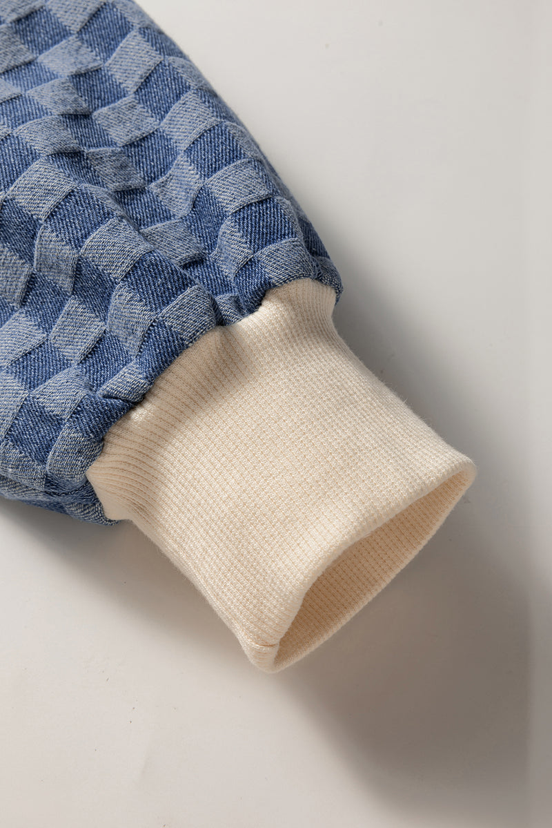 Parchment Checkered Patchwork Kangaroo Pocket Half Zipper Hoodie