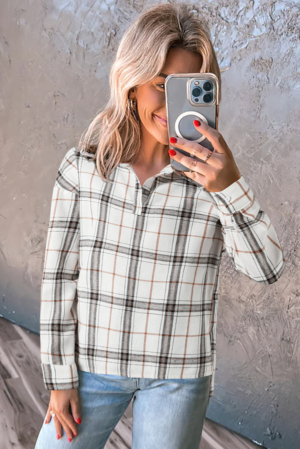 Plaid Print Collared V Neck Loose Blouse with Side Slits