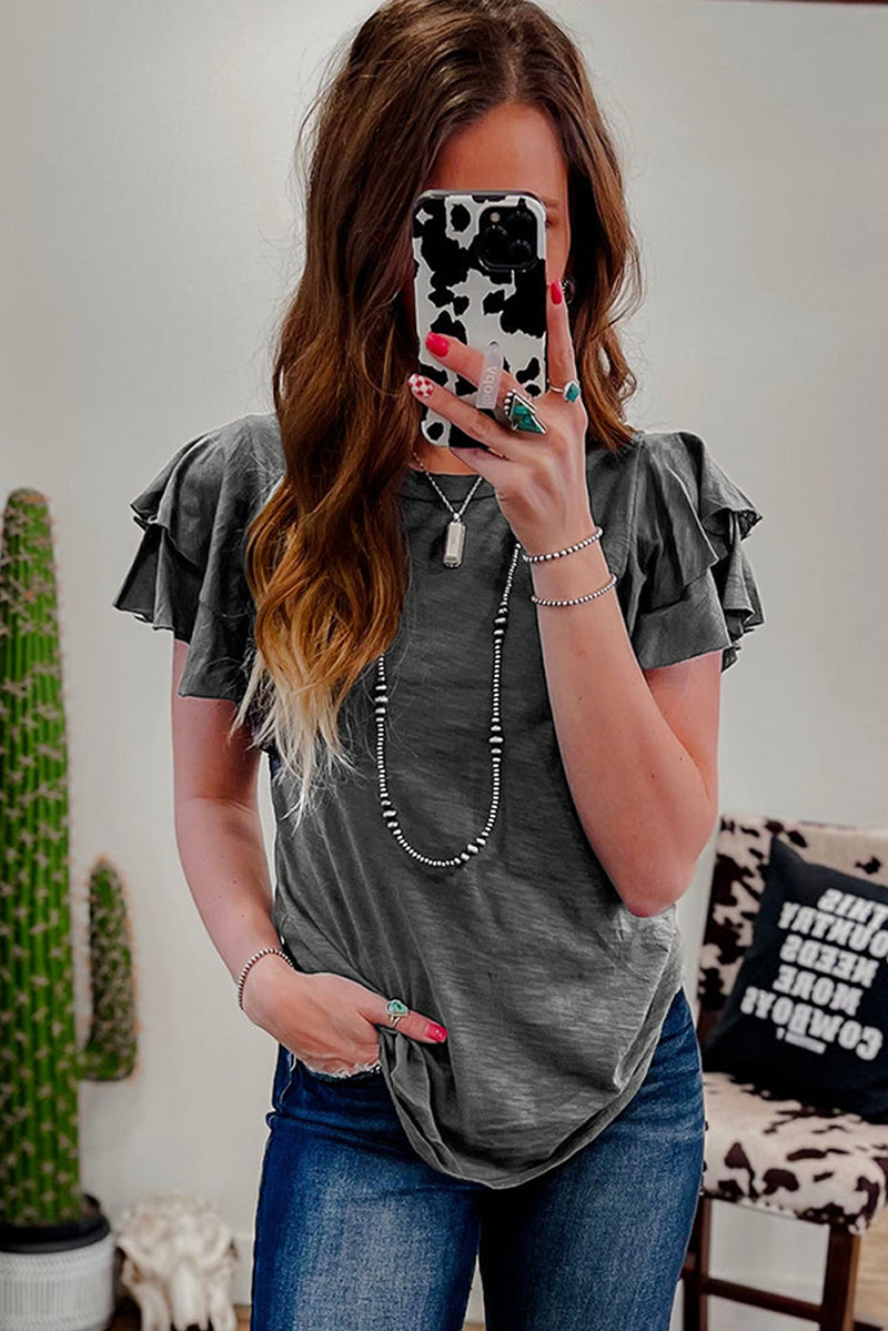 Solid Layered Ruffle Short Sleeve Round Neck Top