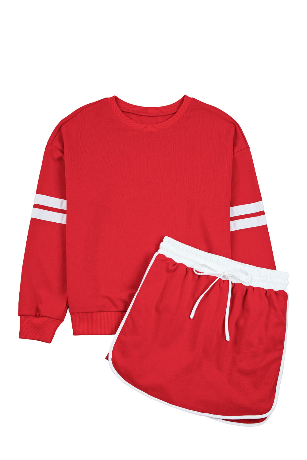Varsity Stripe Detail Drop Shoulder Pullover Mini Skirt Set