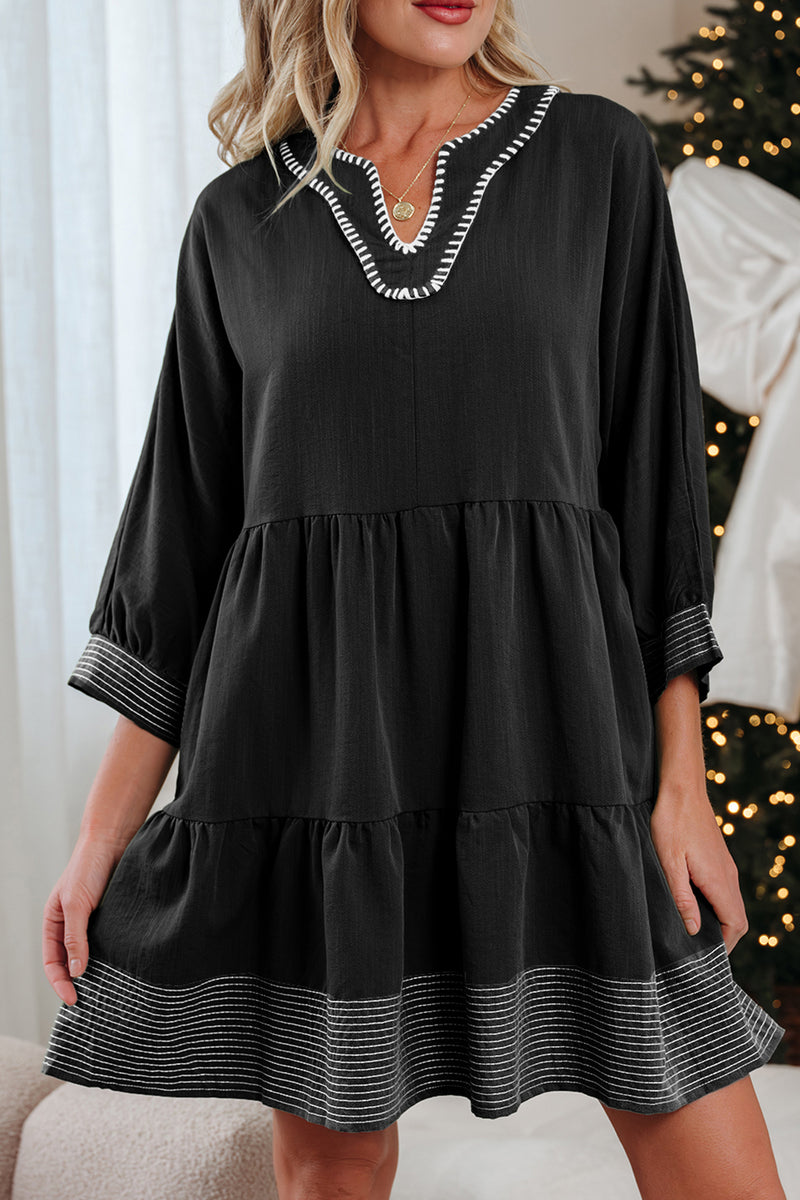 Contrast Stitched V Neck 3/4 Sleeve Tiered Mini Dress