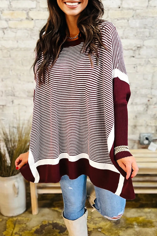 Stripe Color Block Patchwork Dolman Oversize Tunic Sweater