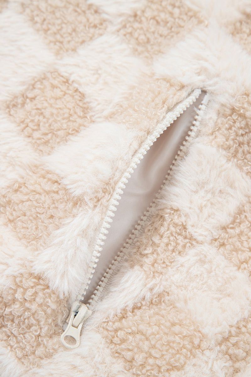 Checker Sherpa Corduroy Patchwork Zip up Collared Jacket