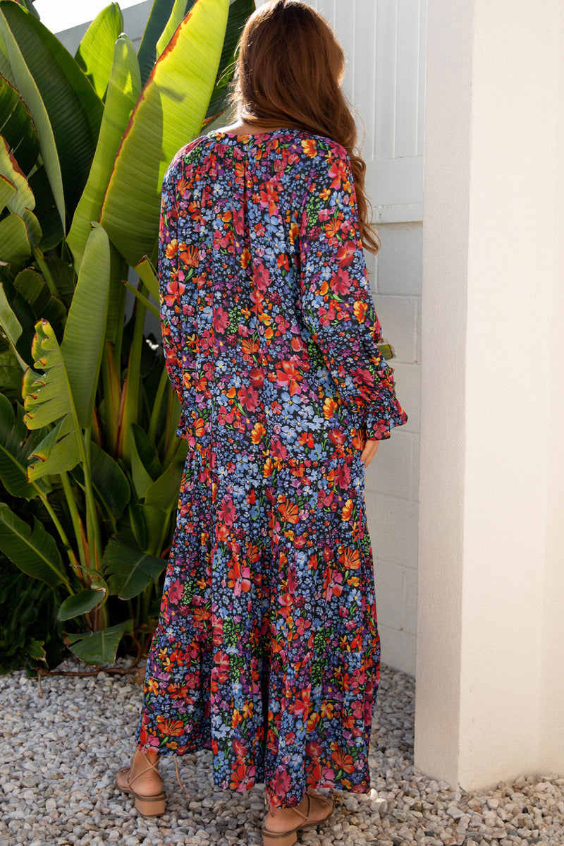 Print Tassel Tie V Neck Long Sleeve Flowy Long Dress