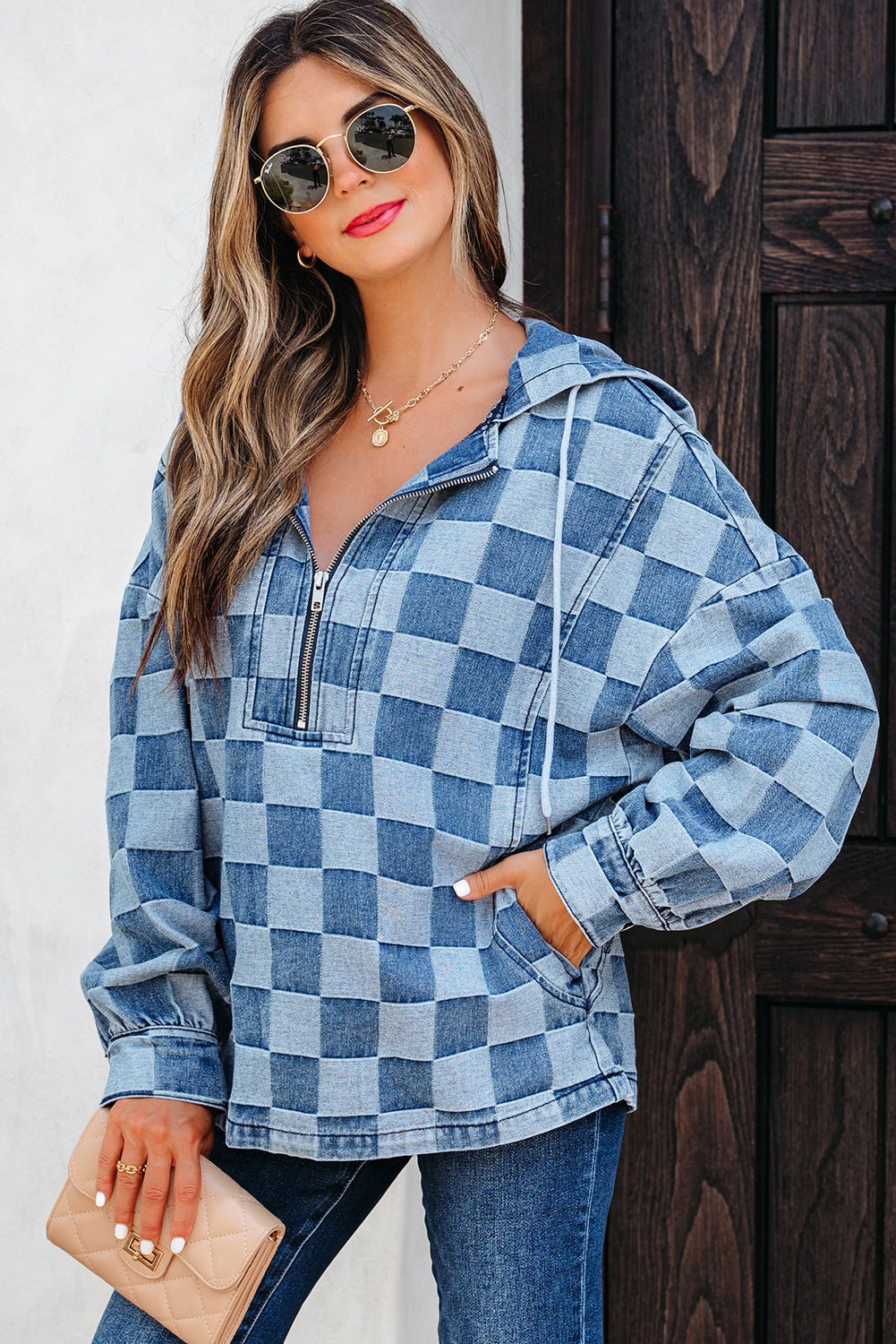 Checkerboard Zipped Neck Kangaroo Pocket Denim Hoodie