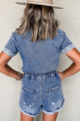 Chest Pocket Front Buttoned Folded Edge Denim Short Sleeve Romper