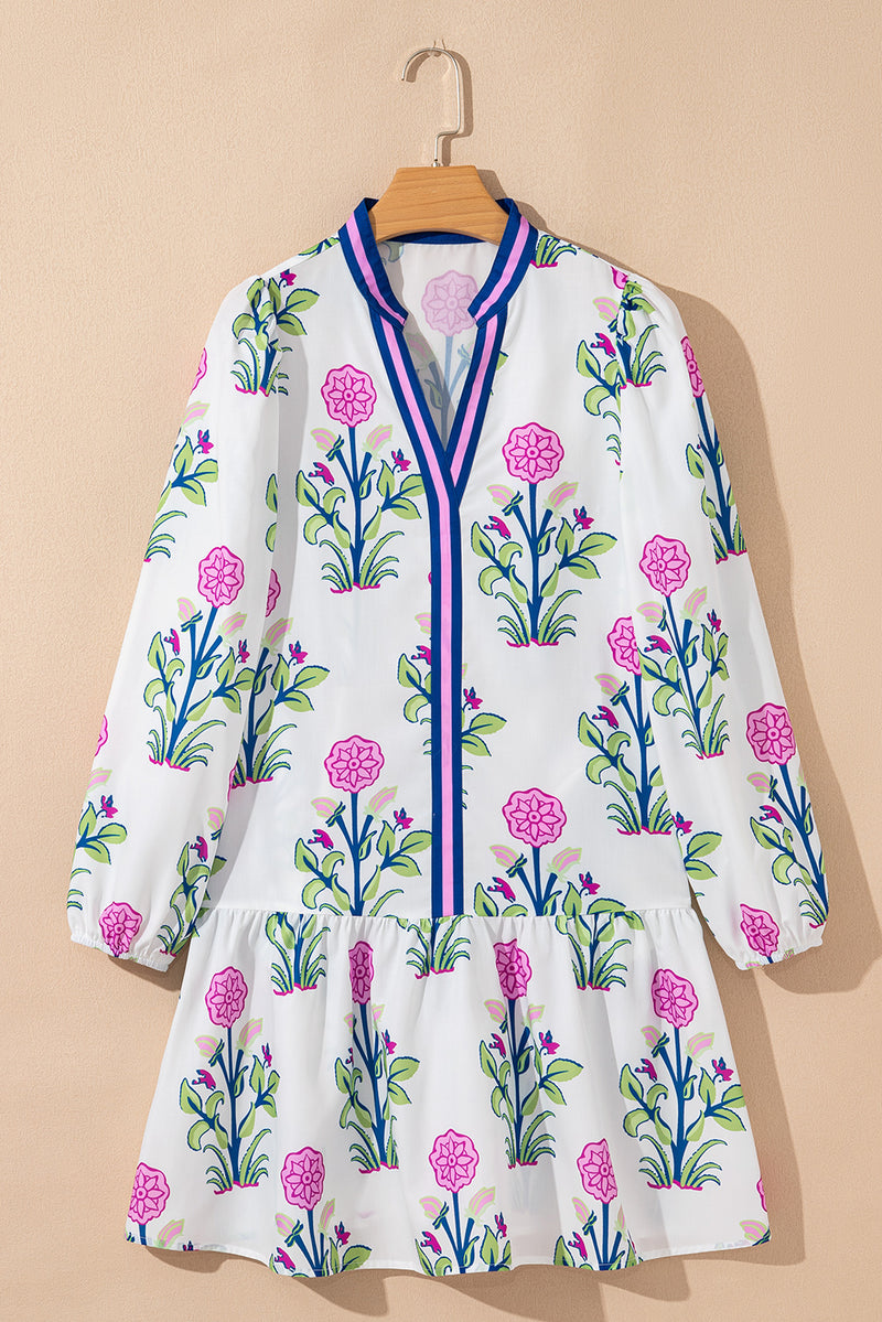Floral Print Contrast Striped Trim Notched Neck Long Sleeve Dress