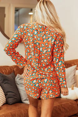 Leopard Print Long Sleeve Shirt and Shorts Pajama Set