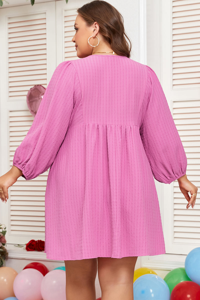 Plus Size Textured Tie Split Neck Puff Sleeve Flowy Mini Dress