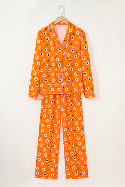 Halloween Print Lapel Shirt Long 2pcs Pajama Set