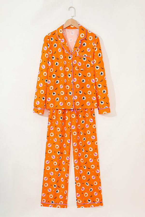 Halloween Print Lapel Shirt Long 2pcs Pajama Set