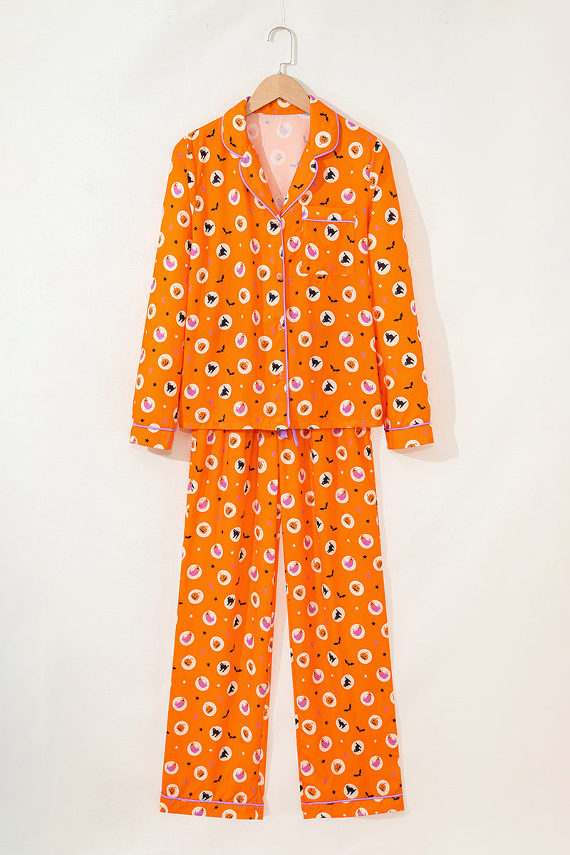 Halloween Print Lapel Shirt Long 2pcs Pajama Set