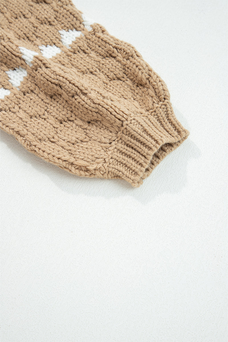 Contrast Detail Textured Knit Puff Sleeve Baggy Sweater