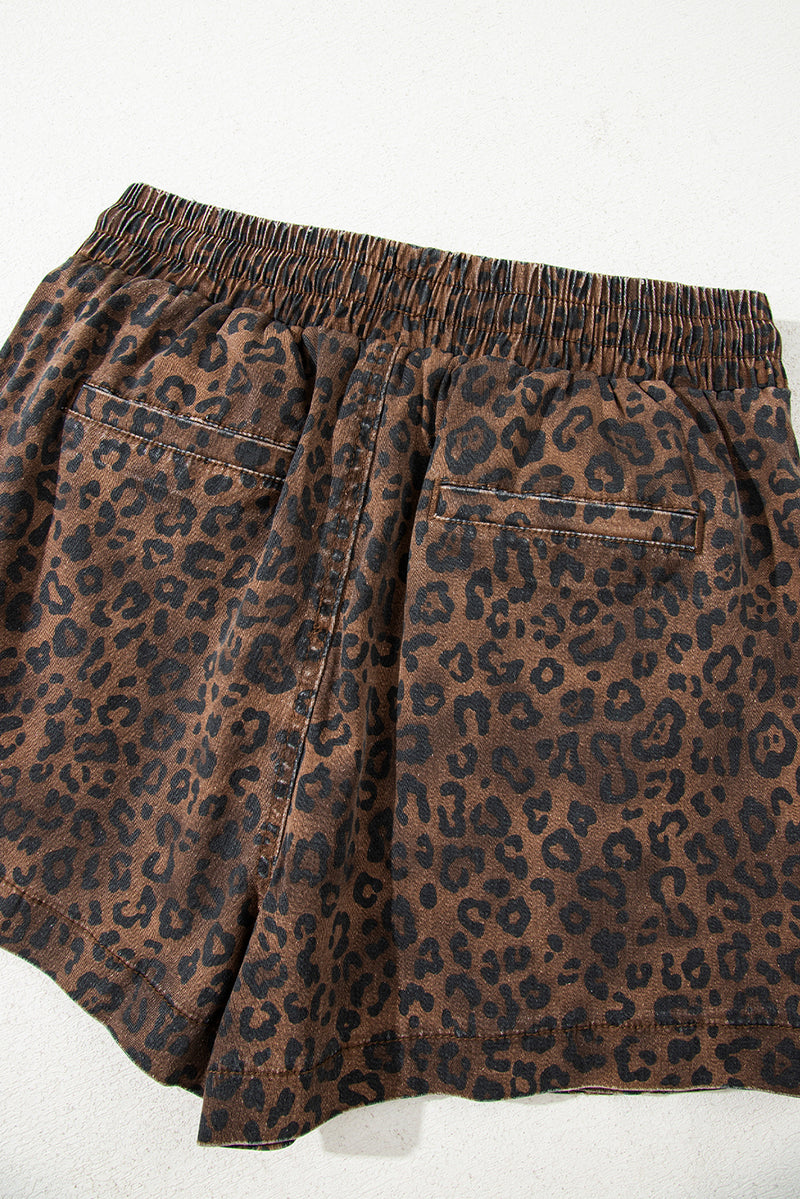 Leopard Print Elastic Waist Drawstring Denim Skort