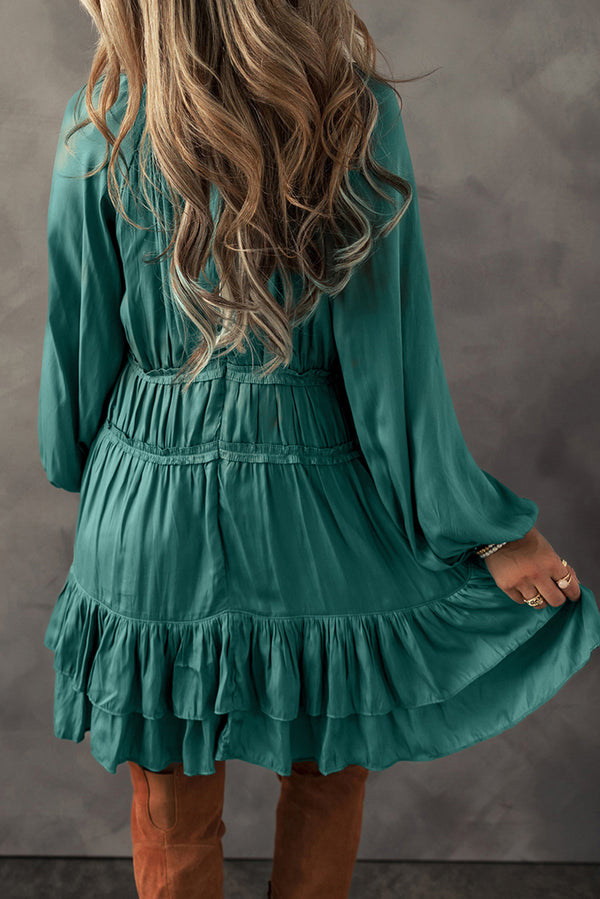 Tiered Ruffled Puff Sleeve Loose Fit Long Sleeve Mini Dress