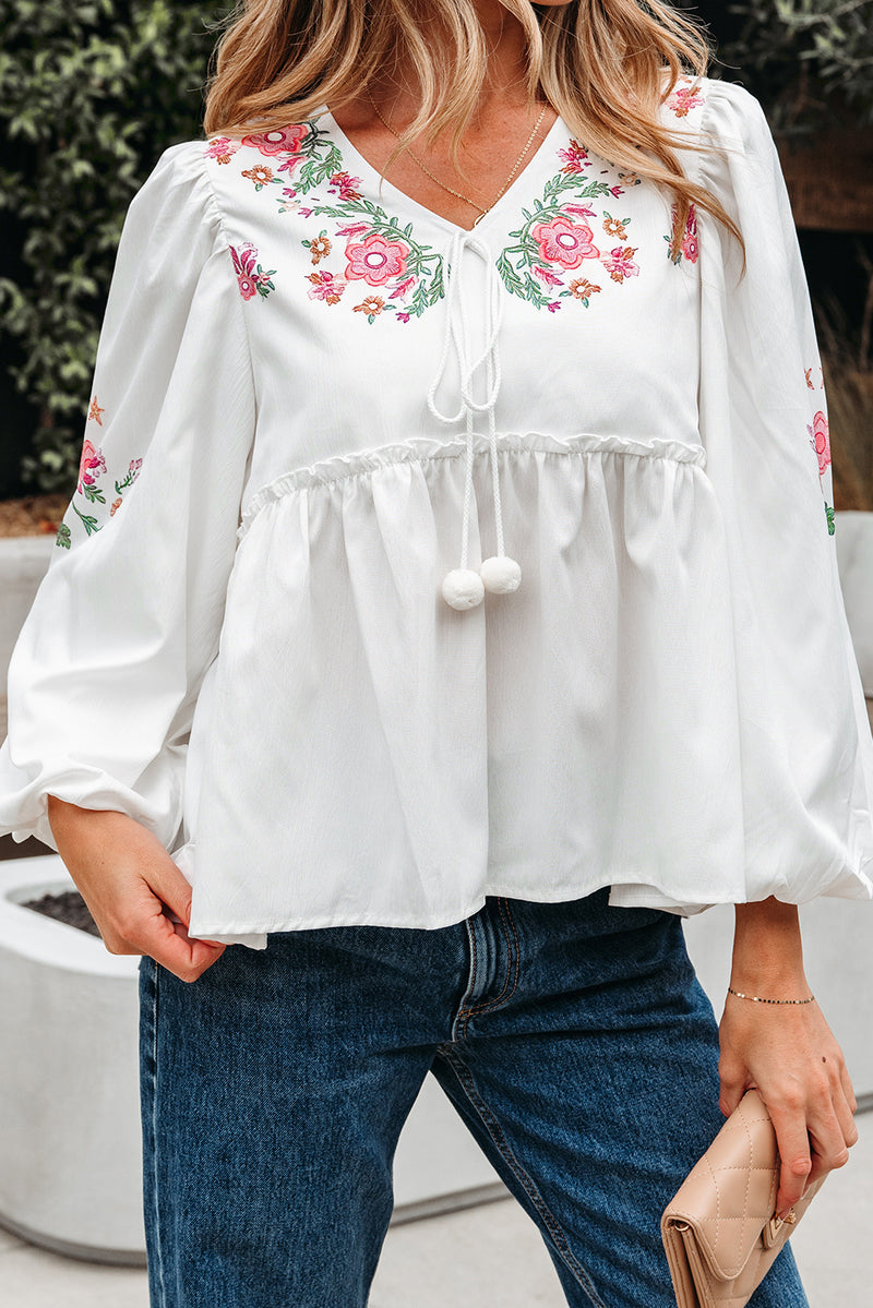 Flower Lace-up V Neck Babydoll Blouse
