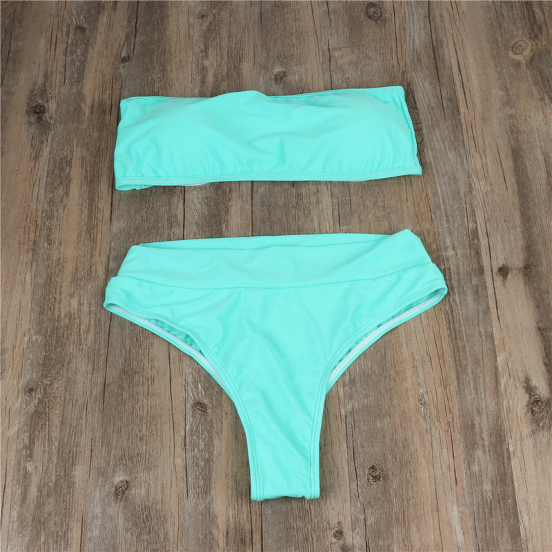 High waist solid color tube bikini swimwear
