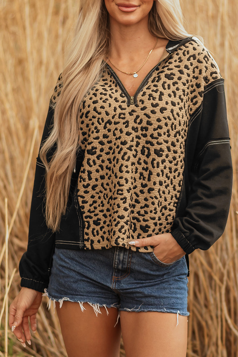Leopard Patchwork Contrast Stitching Knotted Cuff Quarter Zip Hoodie