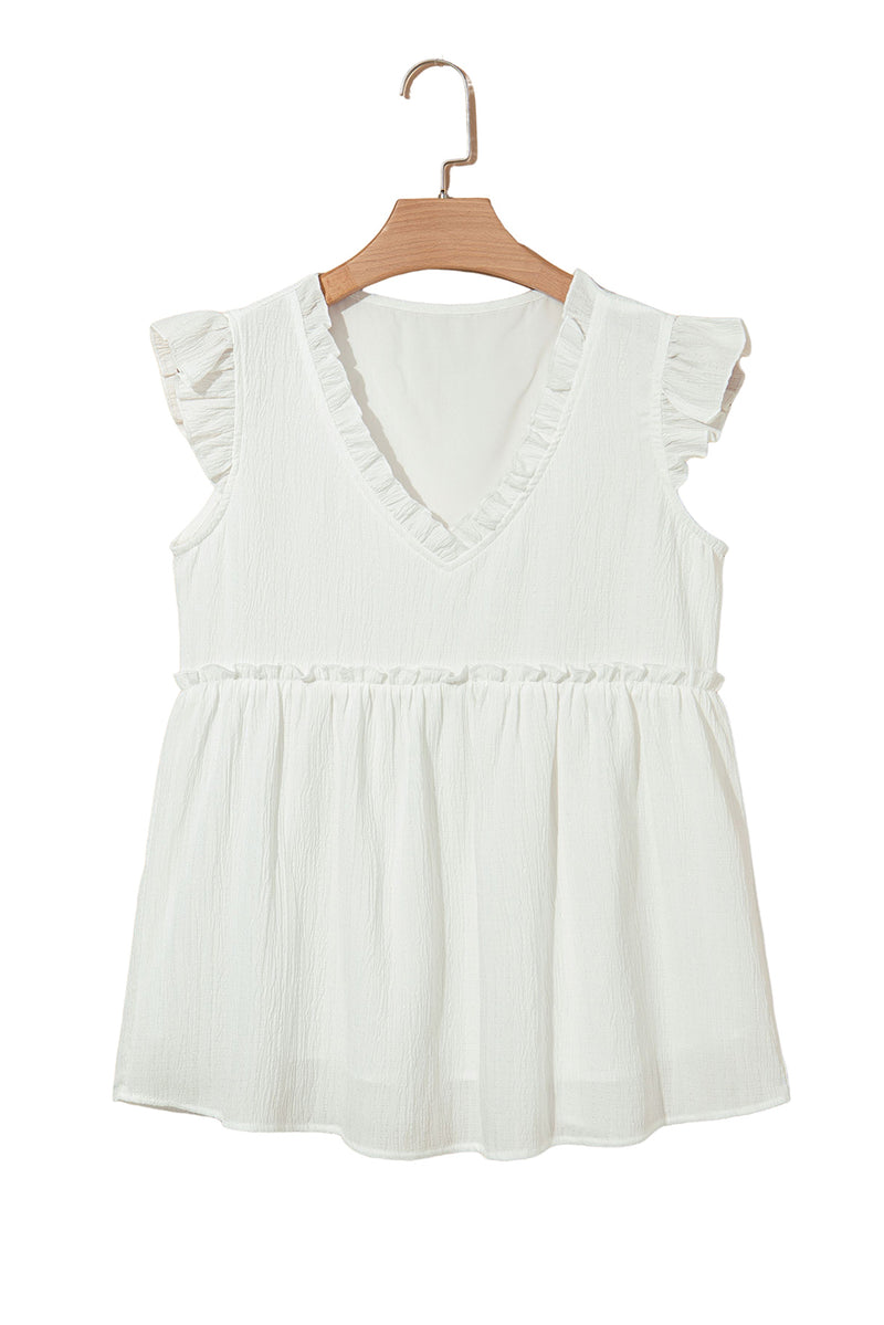 Textured Ruffled Trim V Neck Flutter Flowy Top