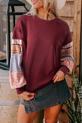 Plaid Colorblock Patchwork Sleeve Raw Seam Sweatshirt