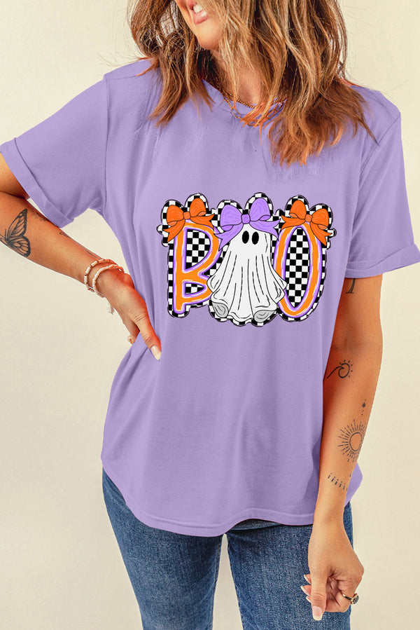 Boo Checkered Bow Ghost Halloween Graphic Tee