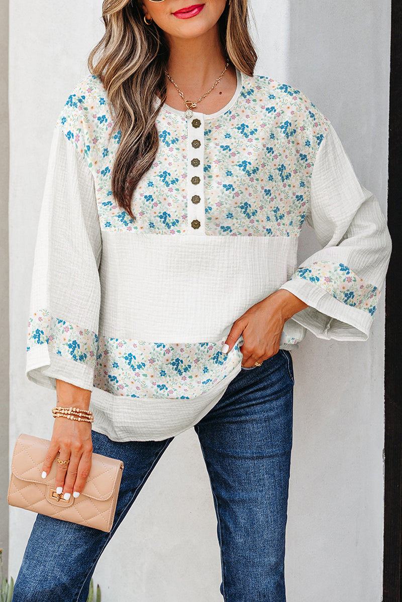 Floral Print Gauze Patchwork Henley Button 3/4 Sleeve Blouse