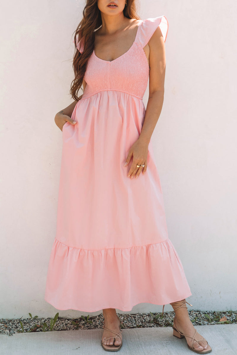 Solid V Neck Flutter Sleeve Smocked Bodice High Waist Ruffle Maxi Dress