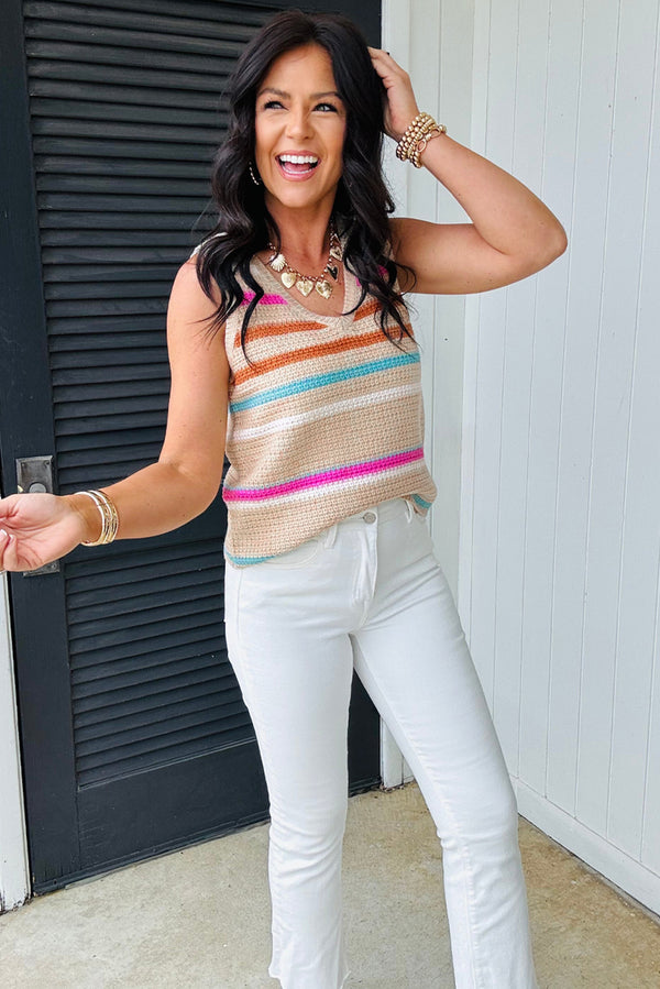 Stripe Textured Knit V Neck Sweater Vest