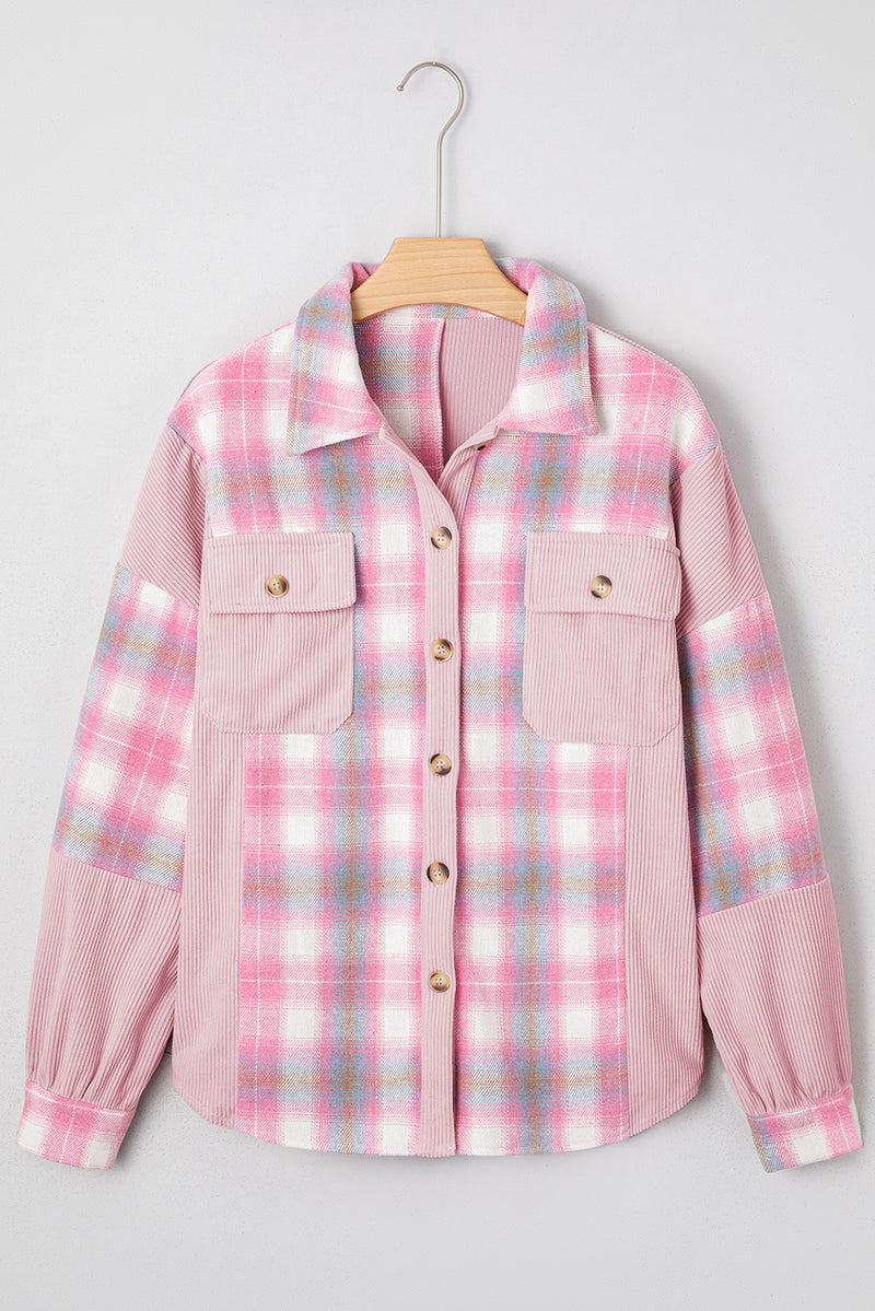 Brushed Plaid Corduroy Flap Pockets Patchwork Shacket