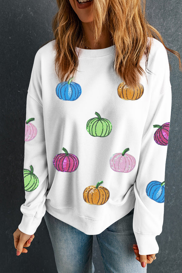 Colorful Pumpkin Sequin Patched Drop Shoulder Sweatshirt