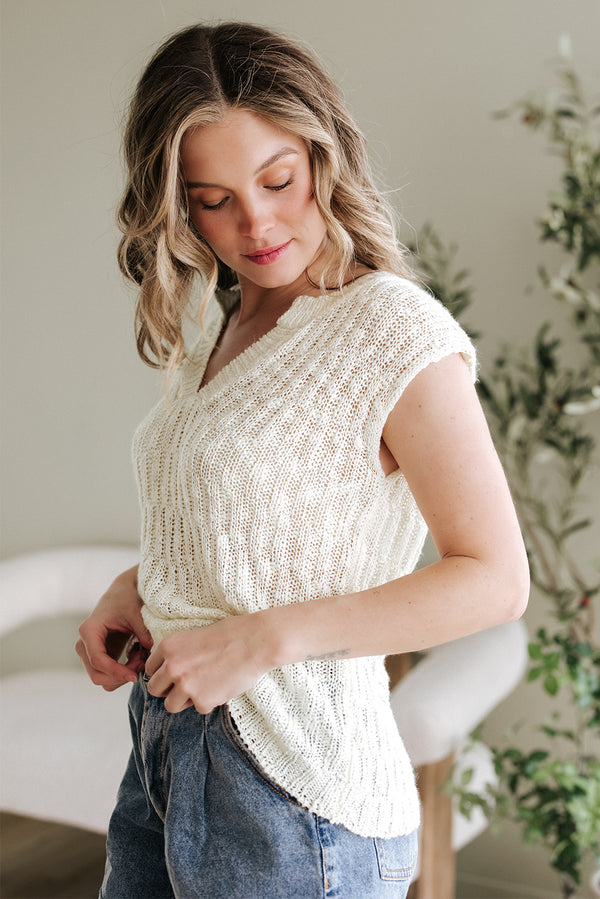 White Notched V Neck Short Sleeve Sweater