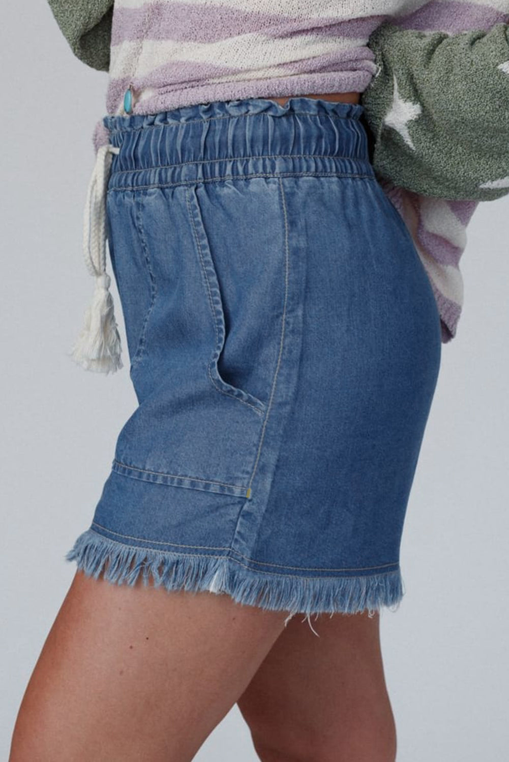 Raw Hem Drawstring Elastic Waistband Denim Shorts with Pockets