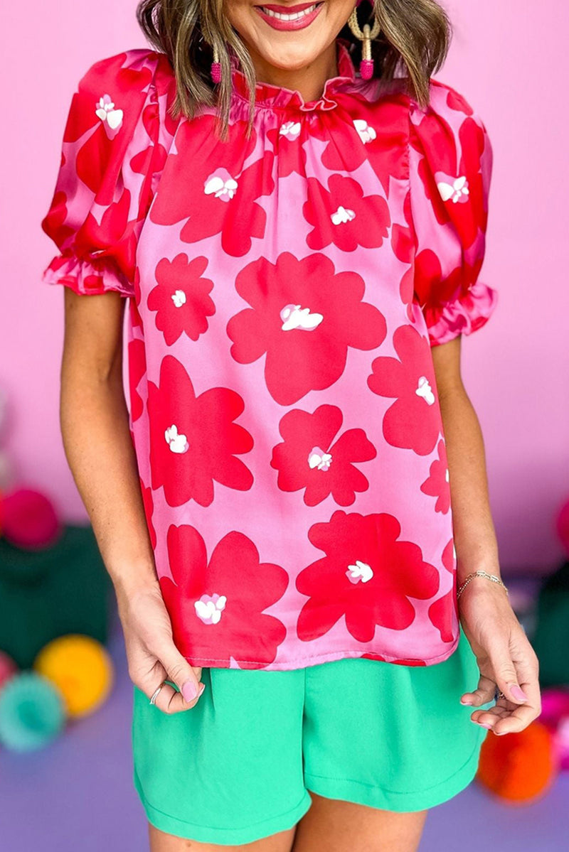Style in Comfort Floral Puff Sleeve Frill Neckline Blouse