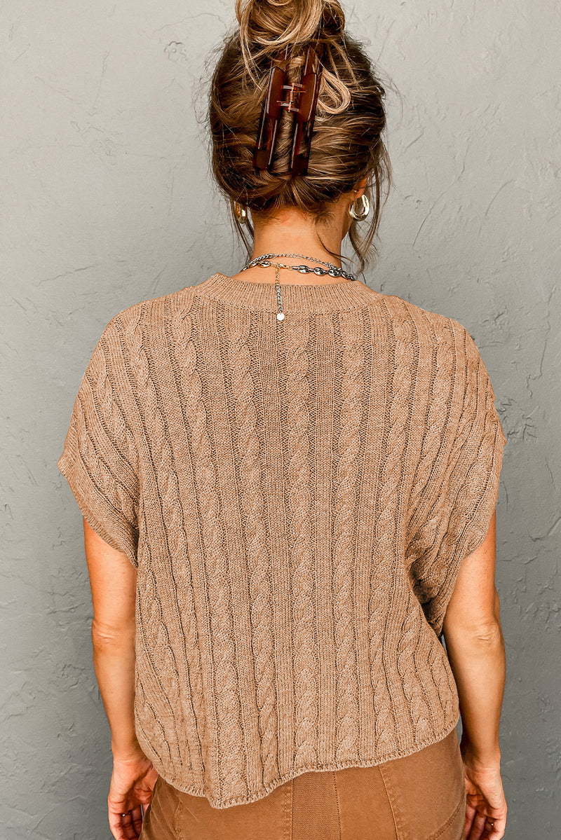 Solid Crew Neck Cable Knit Short Sleeve Sweater