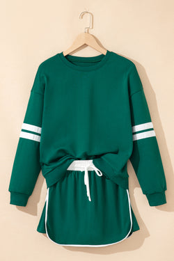 Varsity Stripe Detail Drop Shoulder Pullover Mini Skirt Set