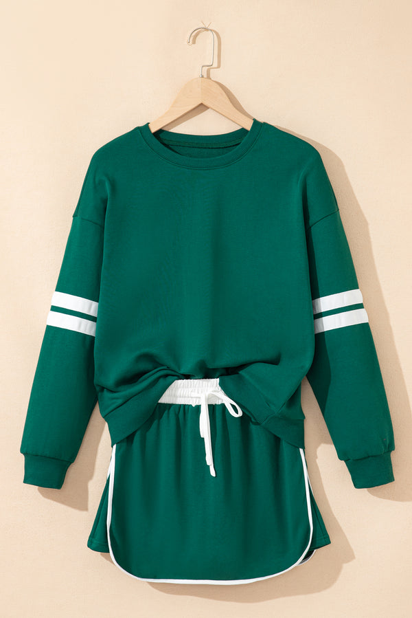 Varsity Stripe Detail Drop Shoulder Pullover Mini Skirt Set