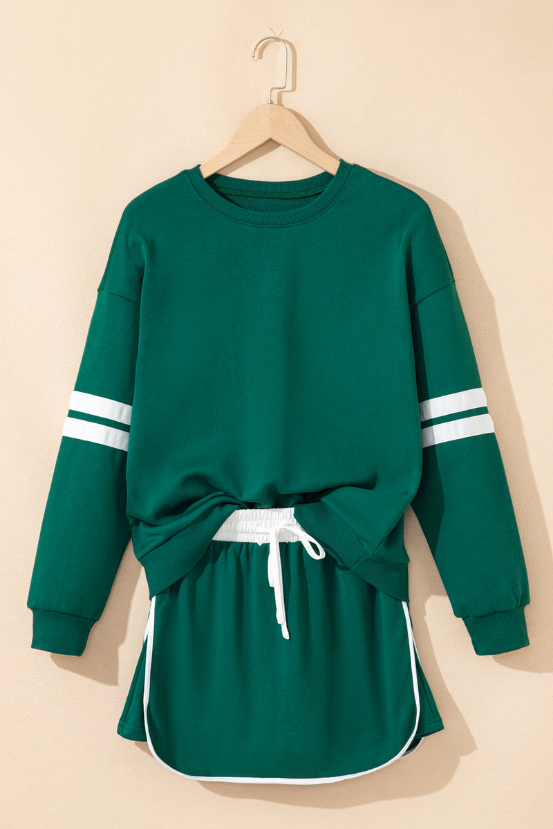 Varsity Stripe Detail Drop Shoulder Pullover Mini Skirt Set