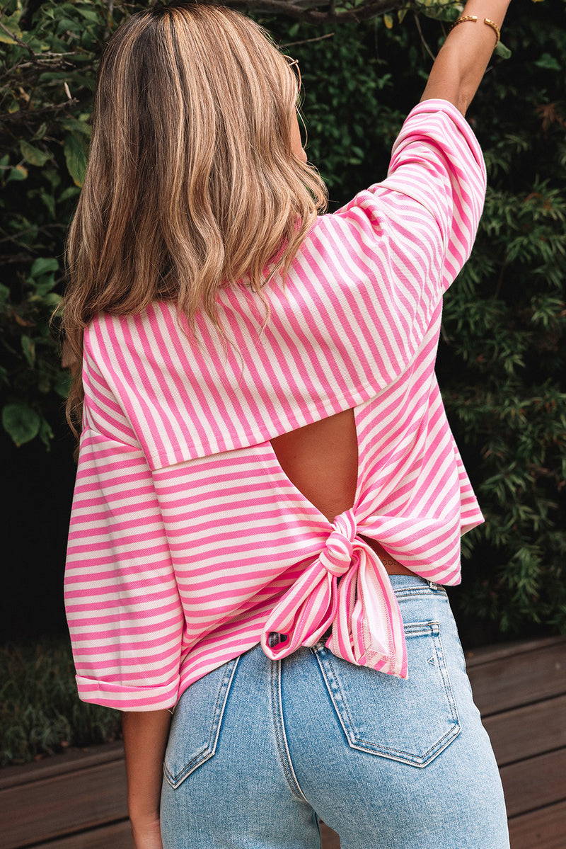 Stripe Bowknot Cutout Back Drop Shoulder Wide Bracelet Sleeve Loose Tee