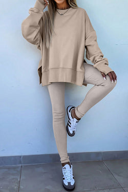 Beige Solid Color Oversize Slit Sweatshirt Ribbed Leggings 2pcs Set