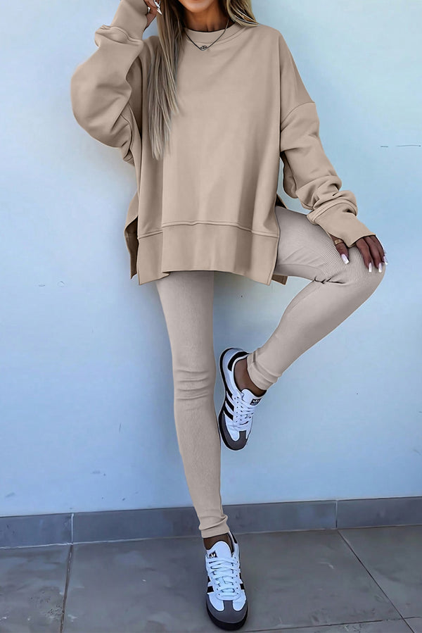 Beige Solid Color Oversize Slit Sweatshirt Ribbed Leggings 2pcs Set