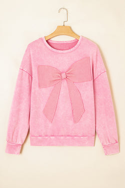 Mineral Wash Big Bow Patchwork Pullover Sweatshirt