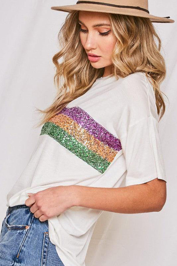 Sequin Stripes Patchwork Mardi Gras Crew Neck T Shirt