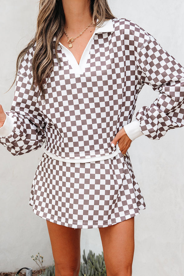 Checkered Print Polo Collar Cropped Long Sleeve Top Drawstring Mini Skirt Set