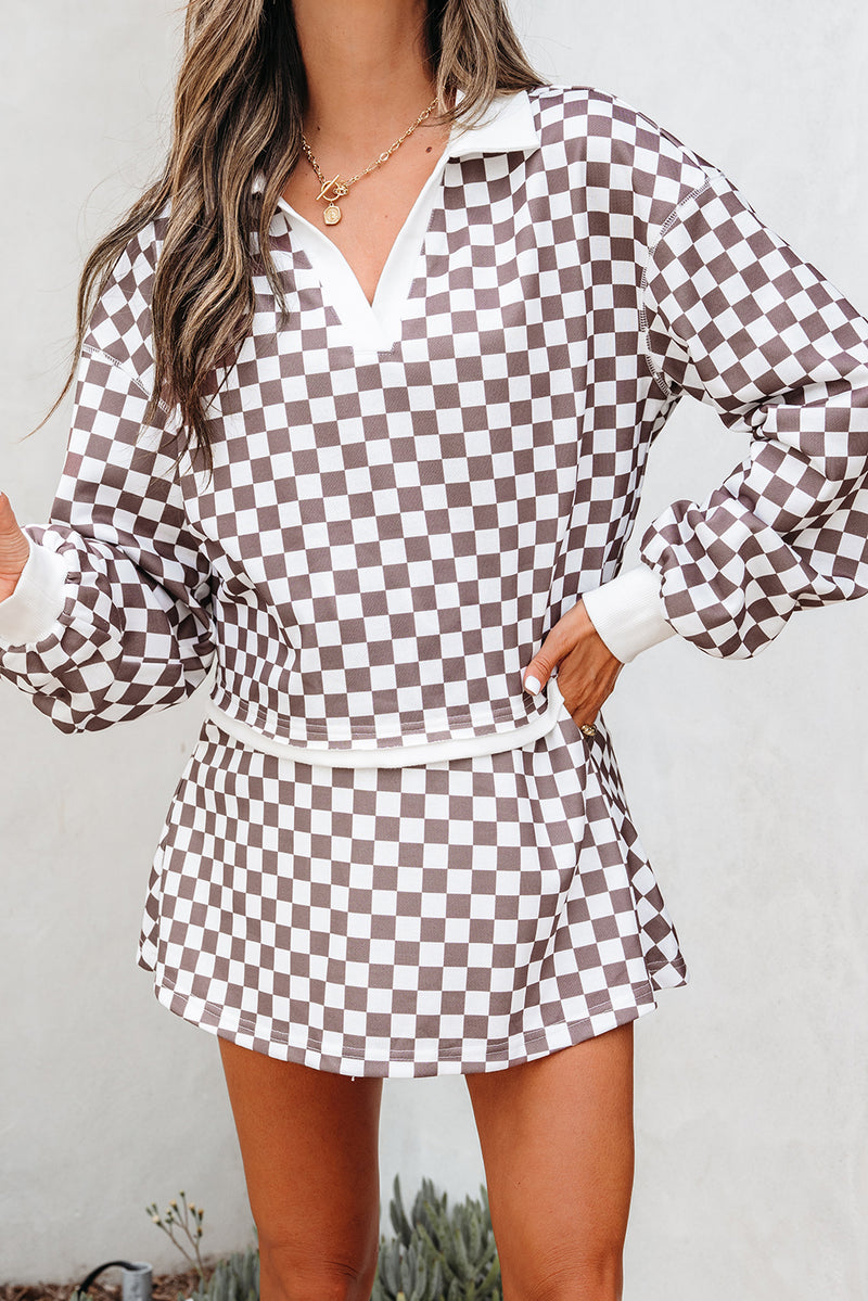 Checkered Print Polo Collar Cropped Long Sleeve Top Drawstring Mini Skirt Set