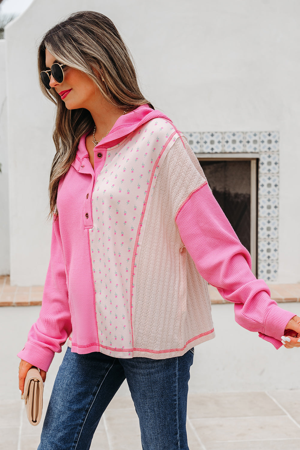 Mixed Texture Waffle Floral Patchwork Hooded Oversize Pullover