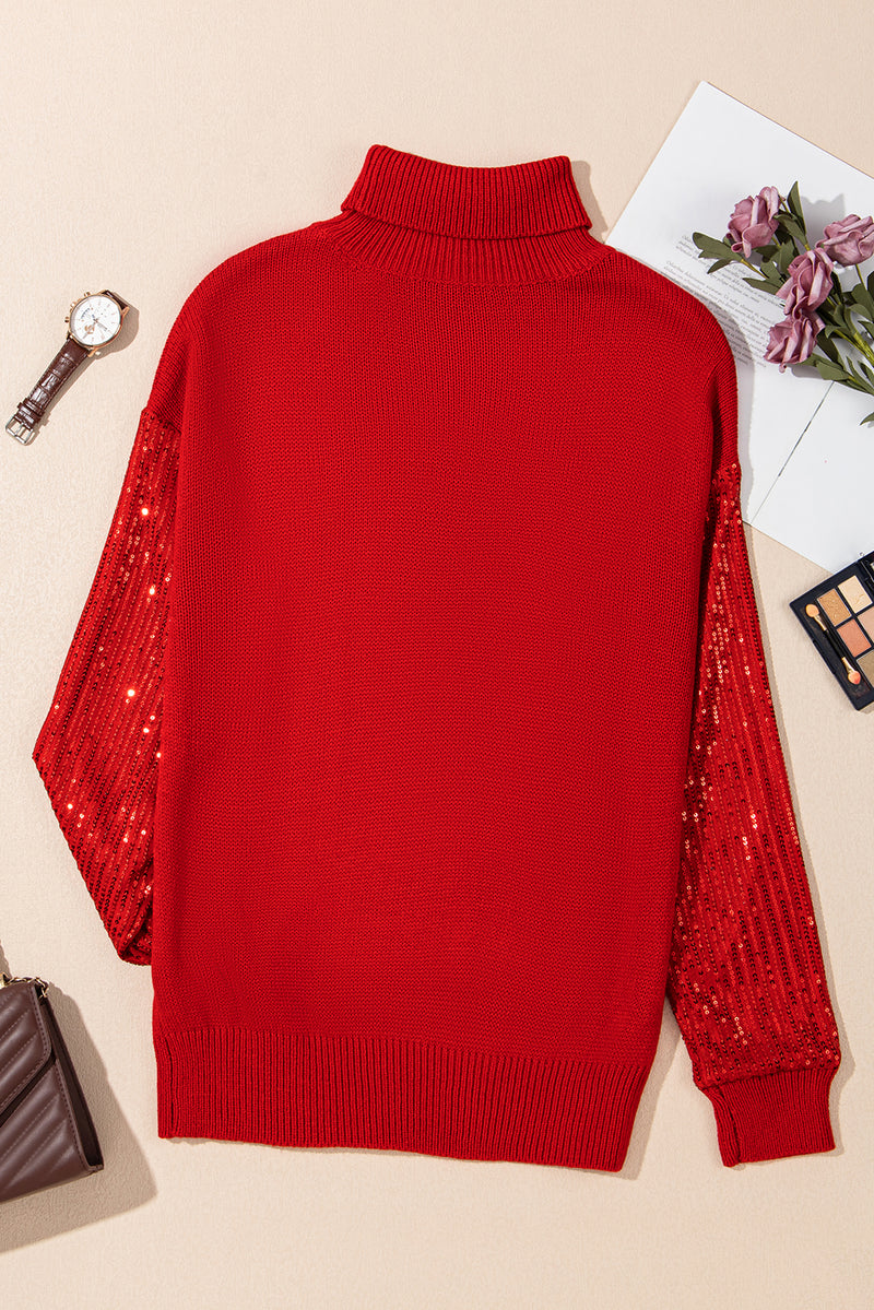 Red Merry Graphic Sequin Sleeves Christmas Turtleneck Sweater